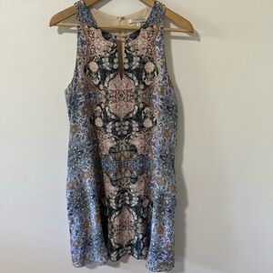 Lavender Brown Silk Handkerchief Floral Print Keyhole Sleeveless Shift Dress-M
